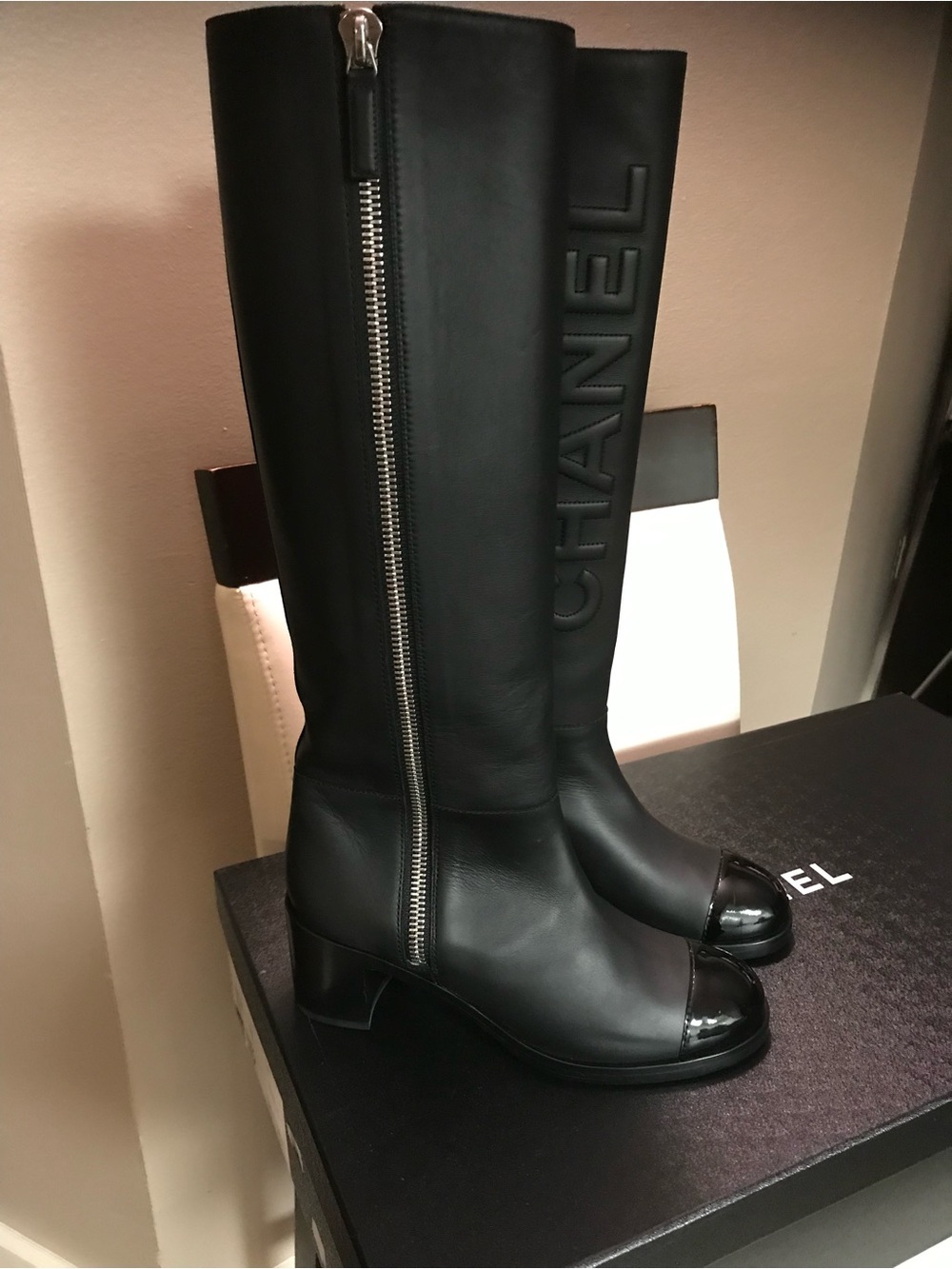CHANEL Black Quilted Logo Over-the-Knee Boots with Gloss Cap Toe - Picture 3 of 6